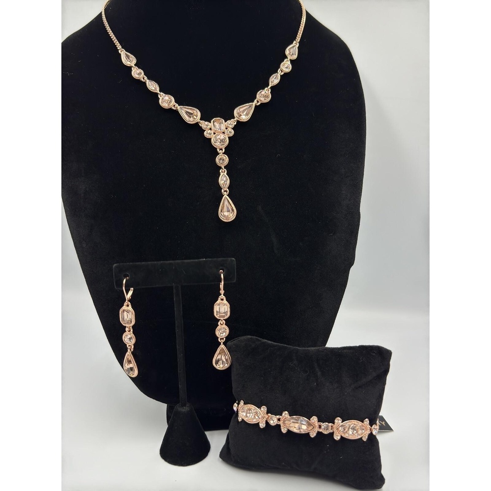 Givenchy Rose Gold Tone Parure Crystal Y Drop Necklace Bracelet Dangle Earrings - Picture 11 of 16